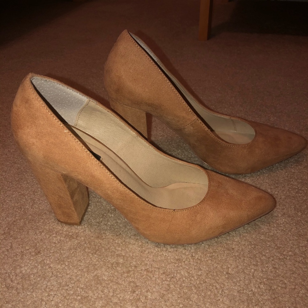 Nude Tan Suede Pointed Block Heels